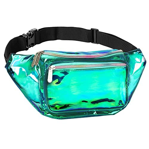 Fanny Pack Belt bag - Crossbody Waist Bag for Men or Women - Hands-Free, Waterproof Large Bumbag for Hiking, Running, and Travel (Holographic Transparent - Aqua)