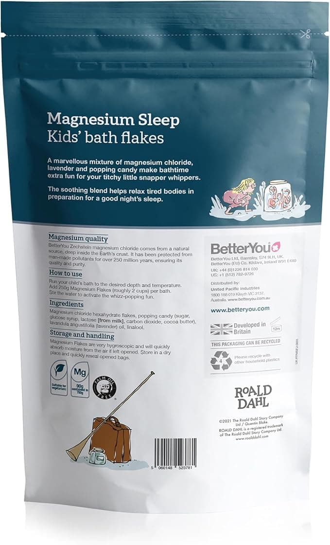 BetterYou Magnesium Sleep WhizzPopping Kids Bath Flakes Pure Zechstein Magnesium Chloride Aids Relaxation Before Bedtime in Partnership with The Roald Dahl Story Company