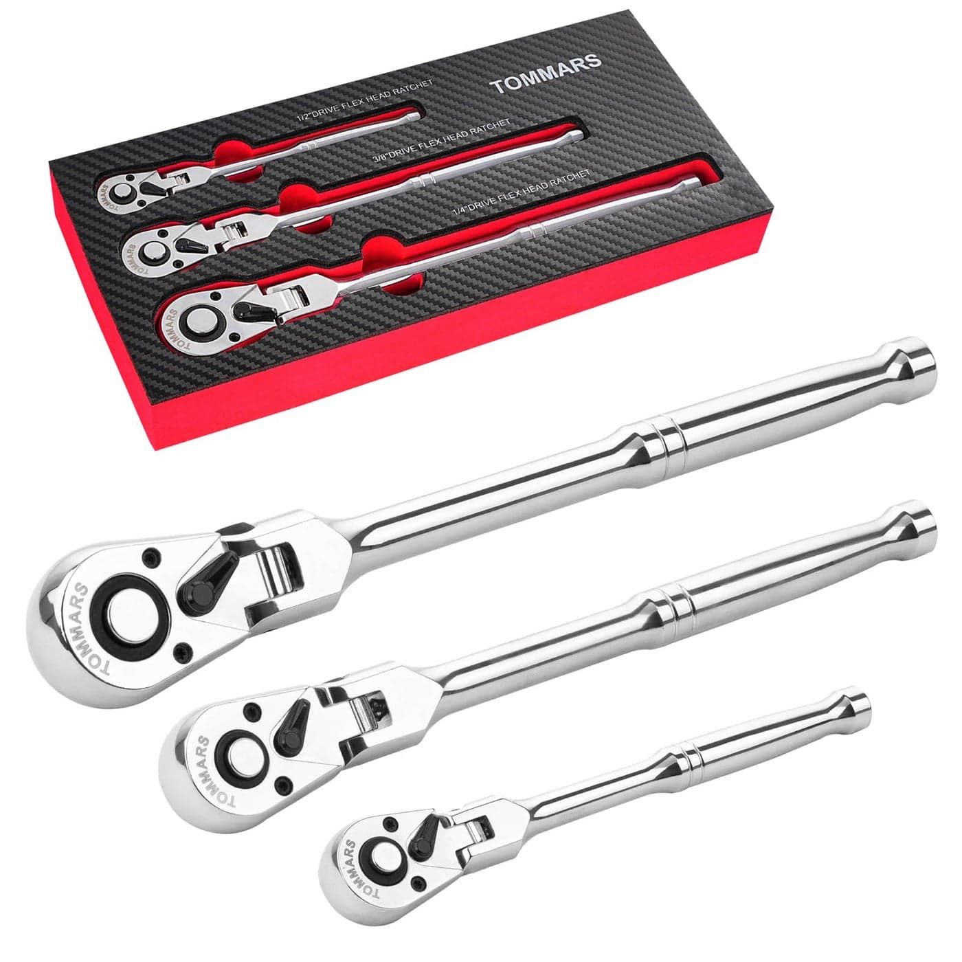 TOMMARS FlexHead Ratchet Set 14 38 12 Drive Flexible Ratchet Handle Wrench 72Tooth QuickRelease Reversible
