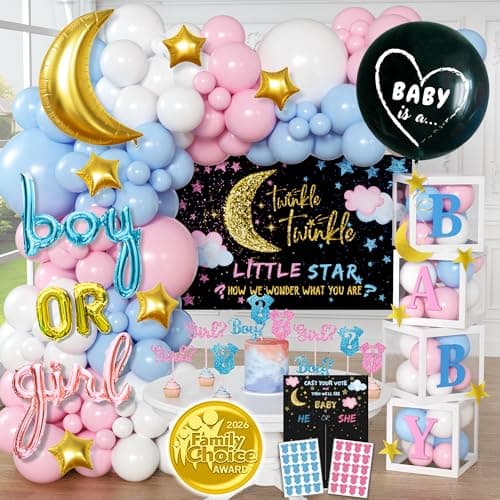 191 PC Premium Twinkle Twinkle Little Star Gender Reveal Decorations Includes Balloon Arch Garland GIRL BOY Boxes Gender Reveal Balloon Cloth Backdrop Games Cupcake Toppers and More