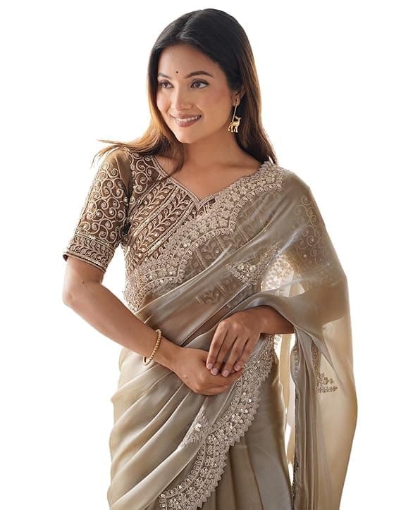 SAREE MALL Women's Cream Tissue Soft Silk Embroidered Saree With Unstitched Blouse Piece (RADHA1904_RX)