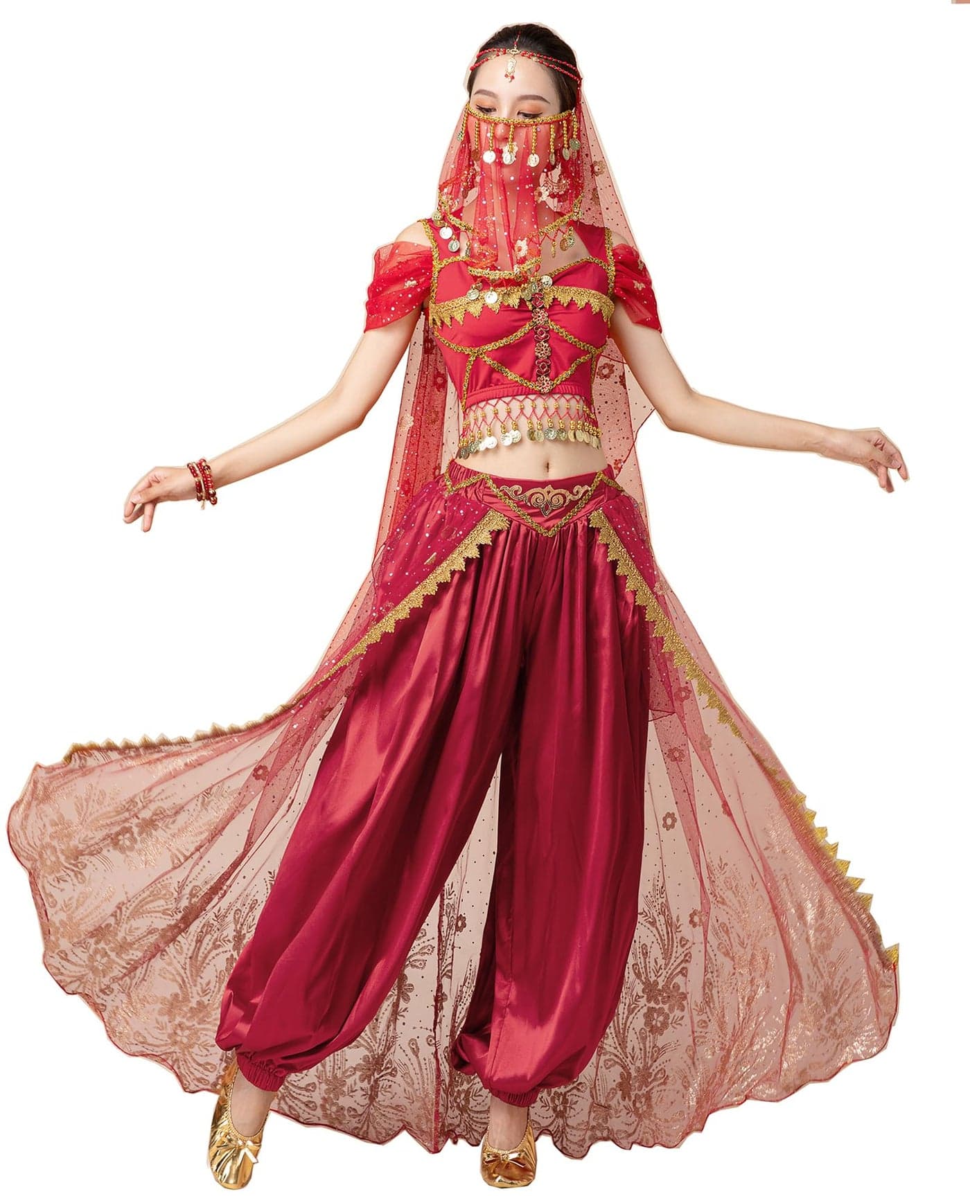 ORIDOOR Women's New Aladdin Jasmine Princess Belly Dance Halloween Costume Set Belly Dance for Dress Up Party 5 Piece Outfit (Small Wine red)…