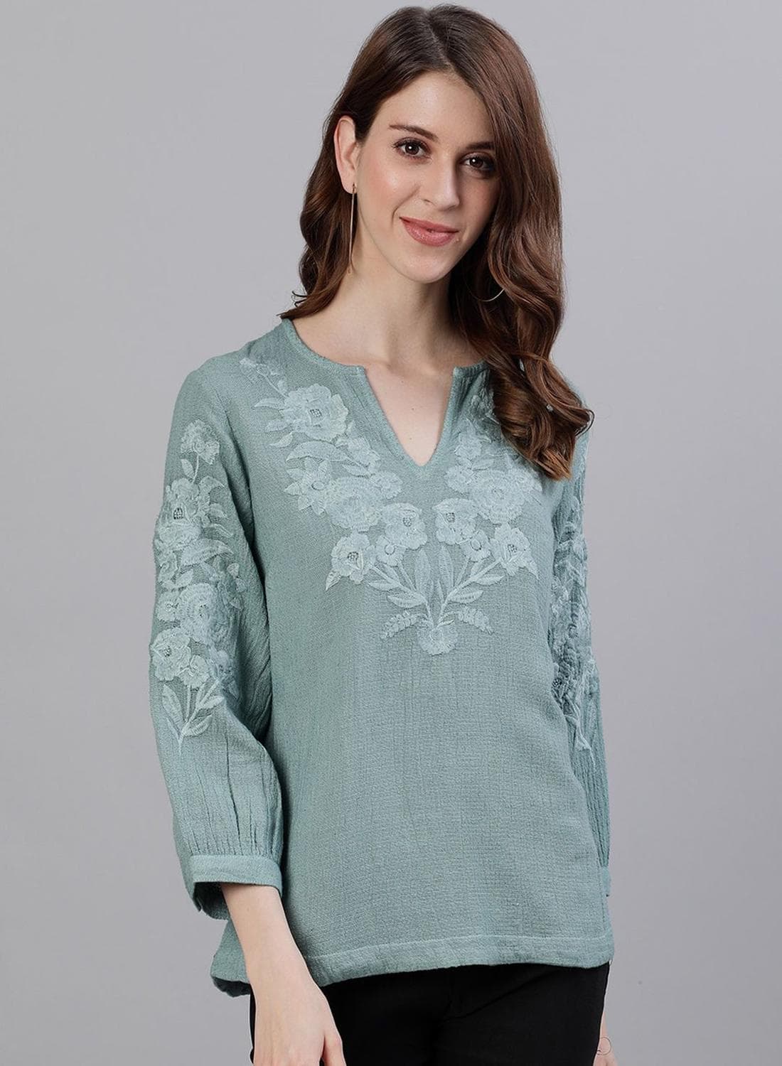 Women'S Sea Green 100% Cotton Floral Tunic Regular Fit Tops