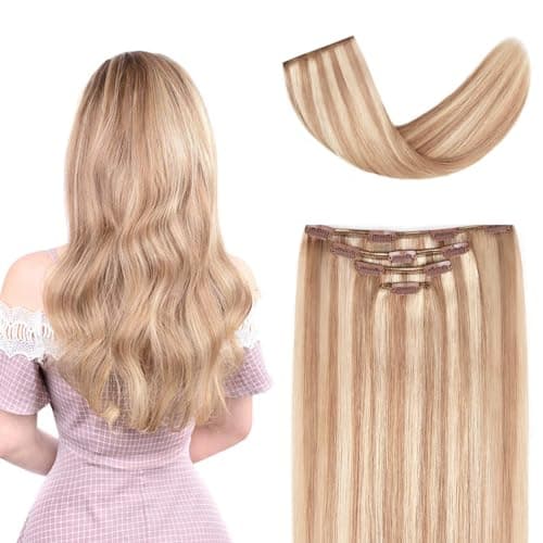 16" Clip in Hair Extensions Remy Human Hair for Women - Silky Straight Human Hair Clip in Extensions 55grams 4pieces #18-613 Color