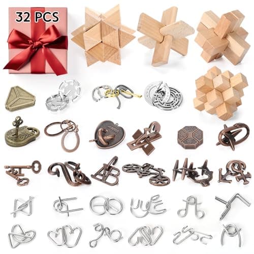 Seenelling 32 Pcs Brain Teaser Puzzles Wooden and Metal Cast 3D Unlock Interlocking Gift IQ Educational Smart Puzzle Toys for Teens Adult Puzzles
