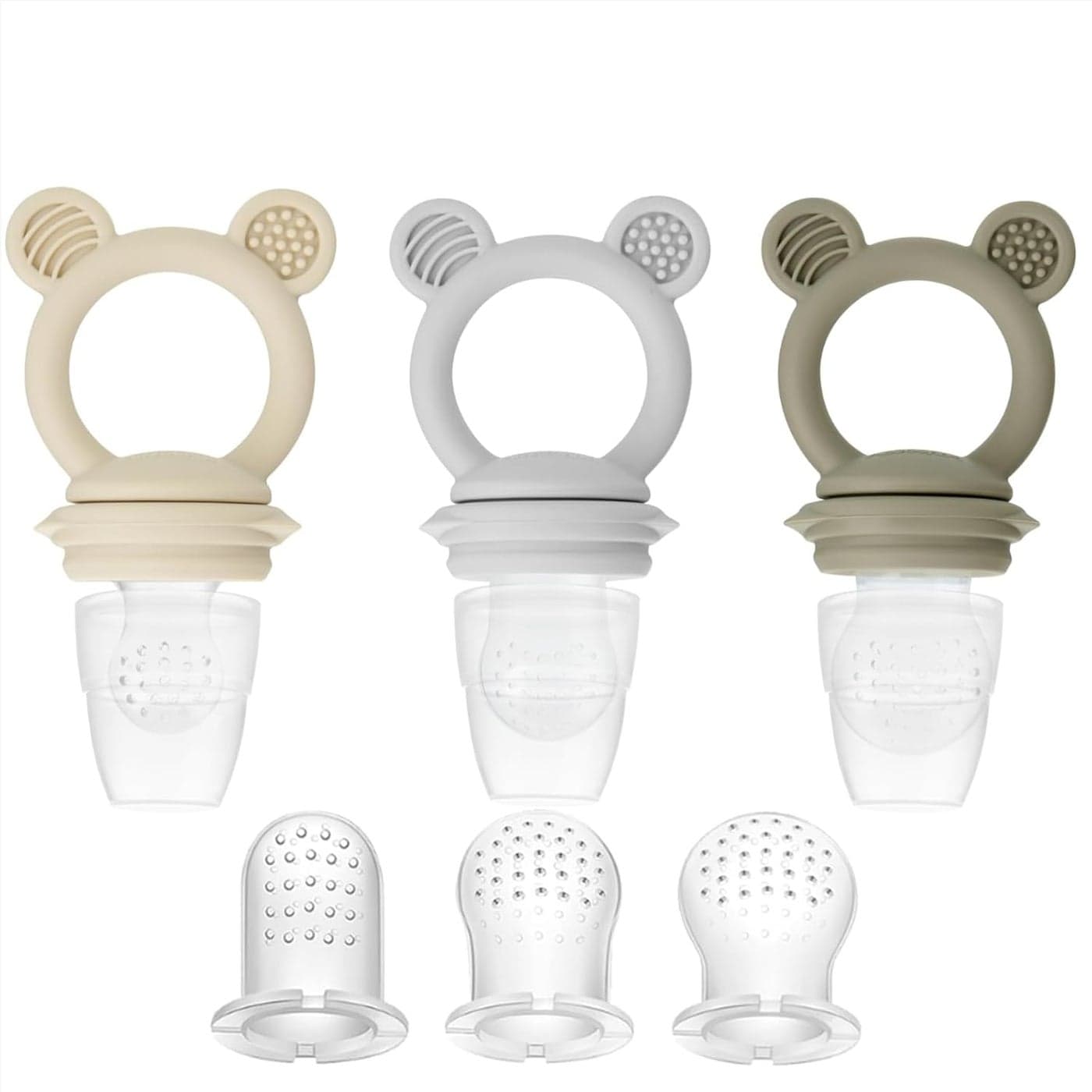 PandaEar 3 Pack Baby Fruit Food Feeder Pacifier Silicone Feeder Pacifier with 3 Sizes Pouches for Babies Toddlers Infants Kids BPAFree Food Grade Soft Safe TanGreyBrown