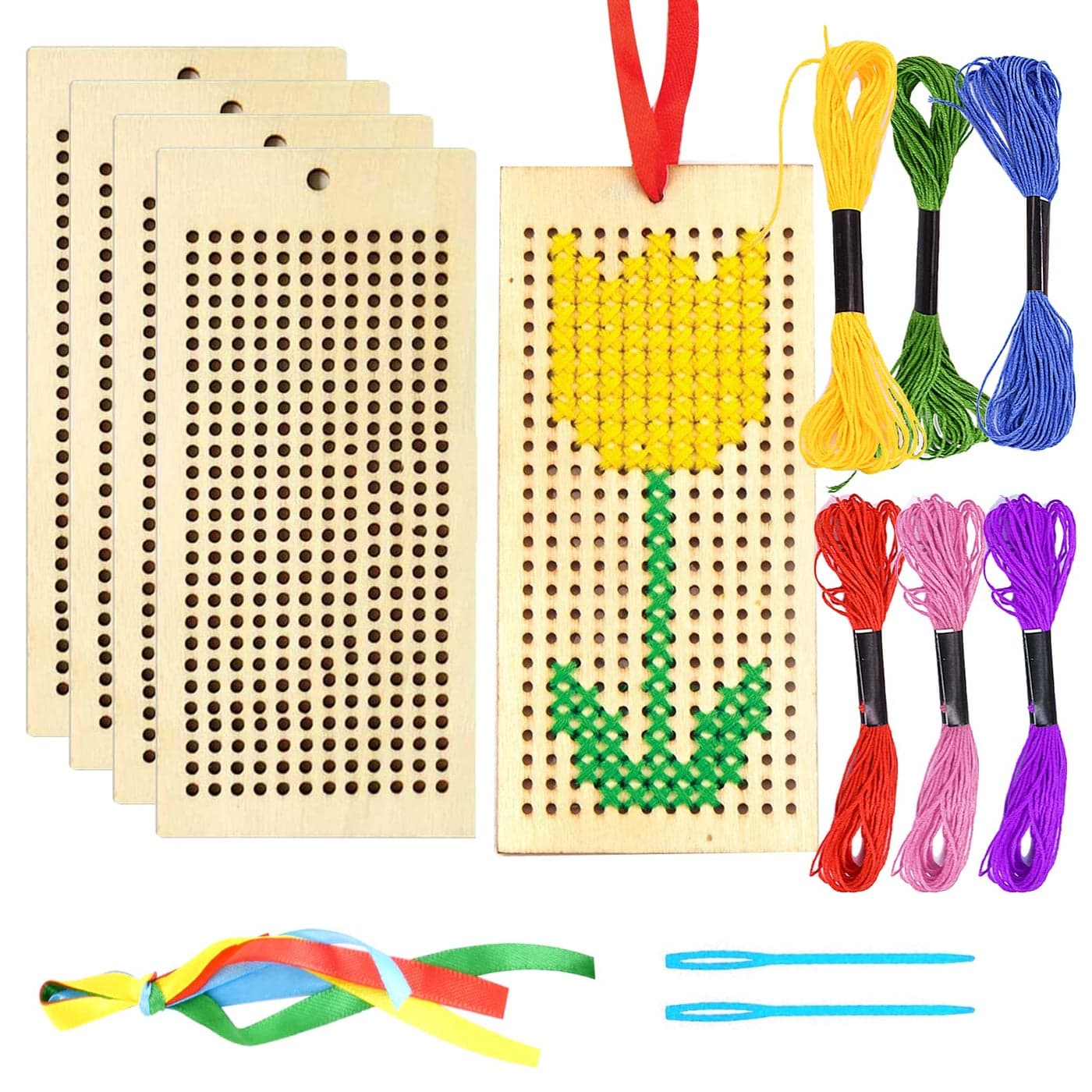 Wooden Bookmark Cross Stitch Kits 5 Pack Embroidery Starter Kit Embroidery Set Cross Stitch Bookmark Kits with Cross Stitch Frame Needles Threads Ribbons for Kids Beginners DIY Project Art Craft