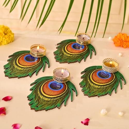 Ascension Decorative Peacock Tealight Candle Holder Stand Set of 4 Mor Pankh Design Reusable Diya for Diwali Decor Rangoli Decoration Items, Home Decor, Diyas Indoor Outdoor Office Gifting, (Big)