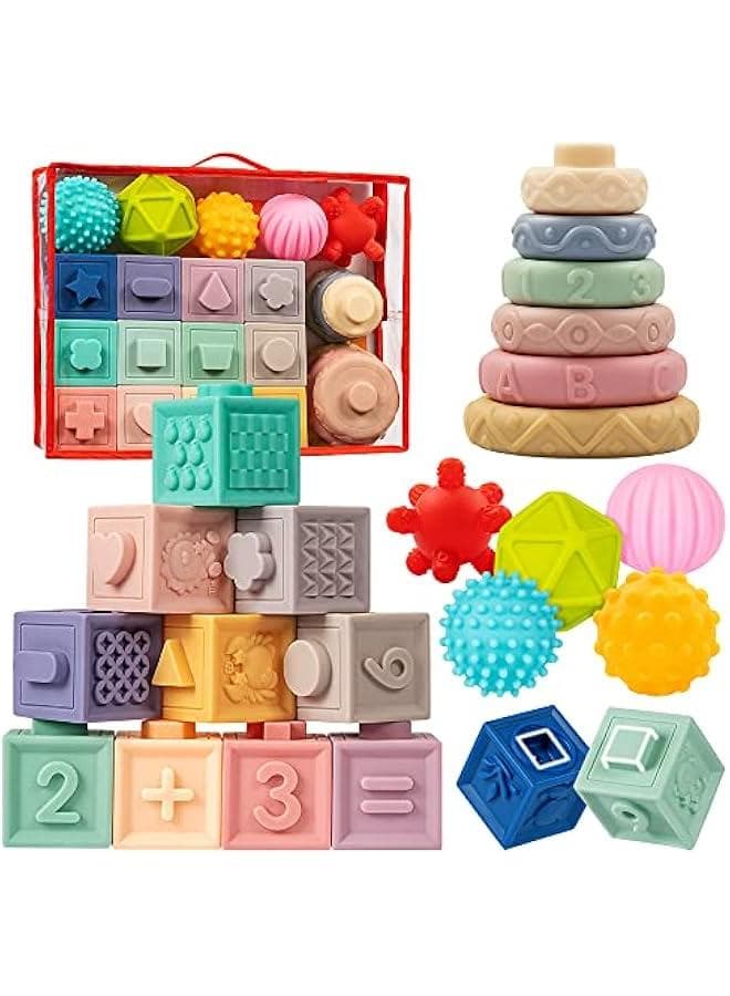 Baby Toys 6-12 Months, Montessori Toy for Babies 6-12 Months, Incl Stacking Building Blocks u0026 Soft Infant Teething Toys u0026 Sensory Balls for Toddlers 0-3-6-9-12 Month
