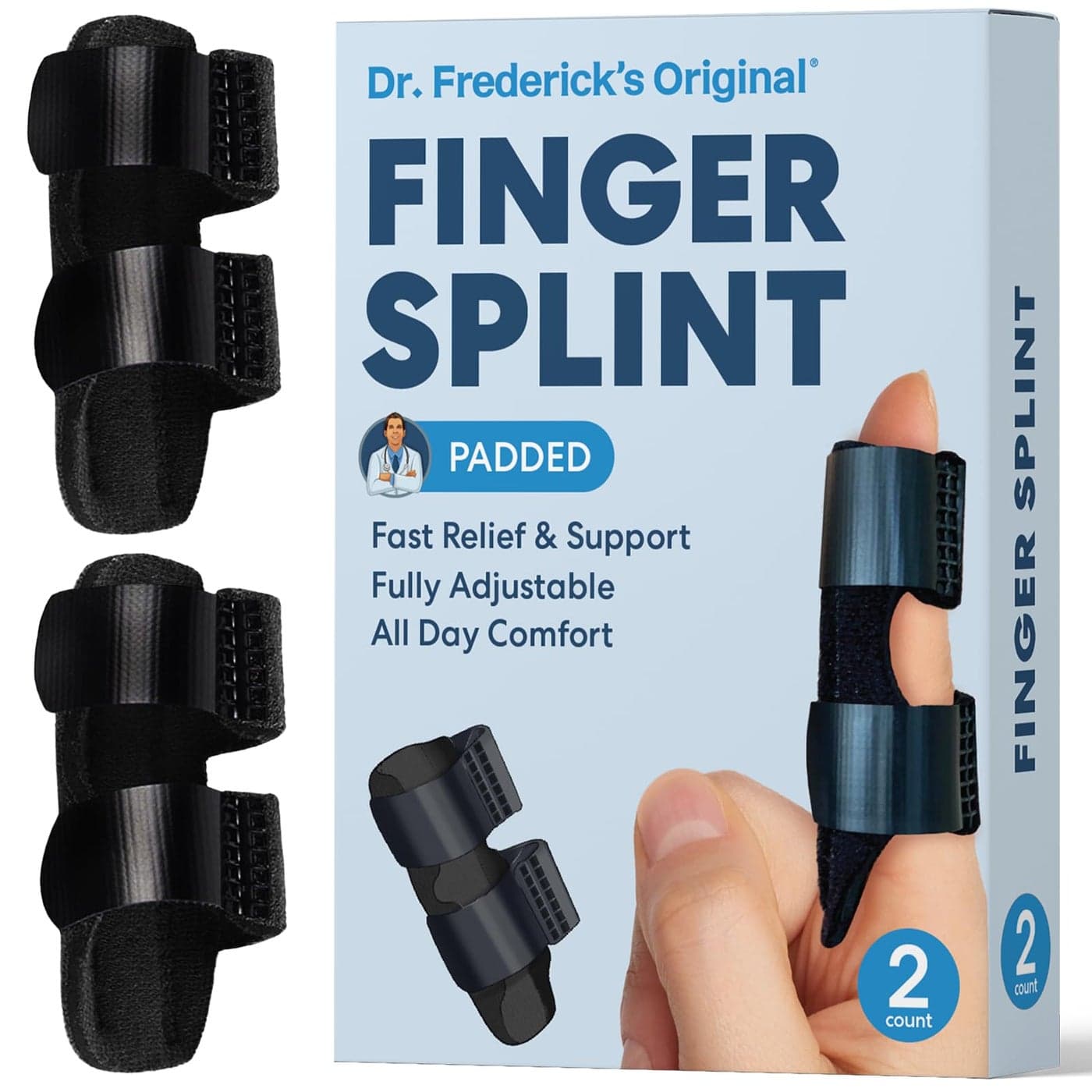 Dr. Frederick's Original Trigger Finger Splint - 2 ct - Mallet Splint & Braces for Arthritis, Injury, & Sprain - Fits Index, Middle, & Ring Fingers - Adjustable for All-Day Comfort - Doctor-Developed