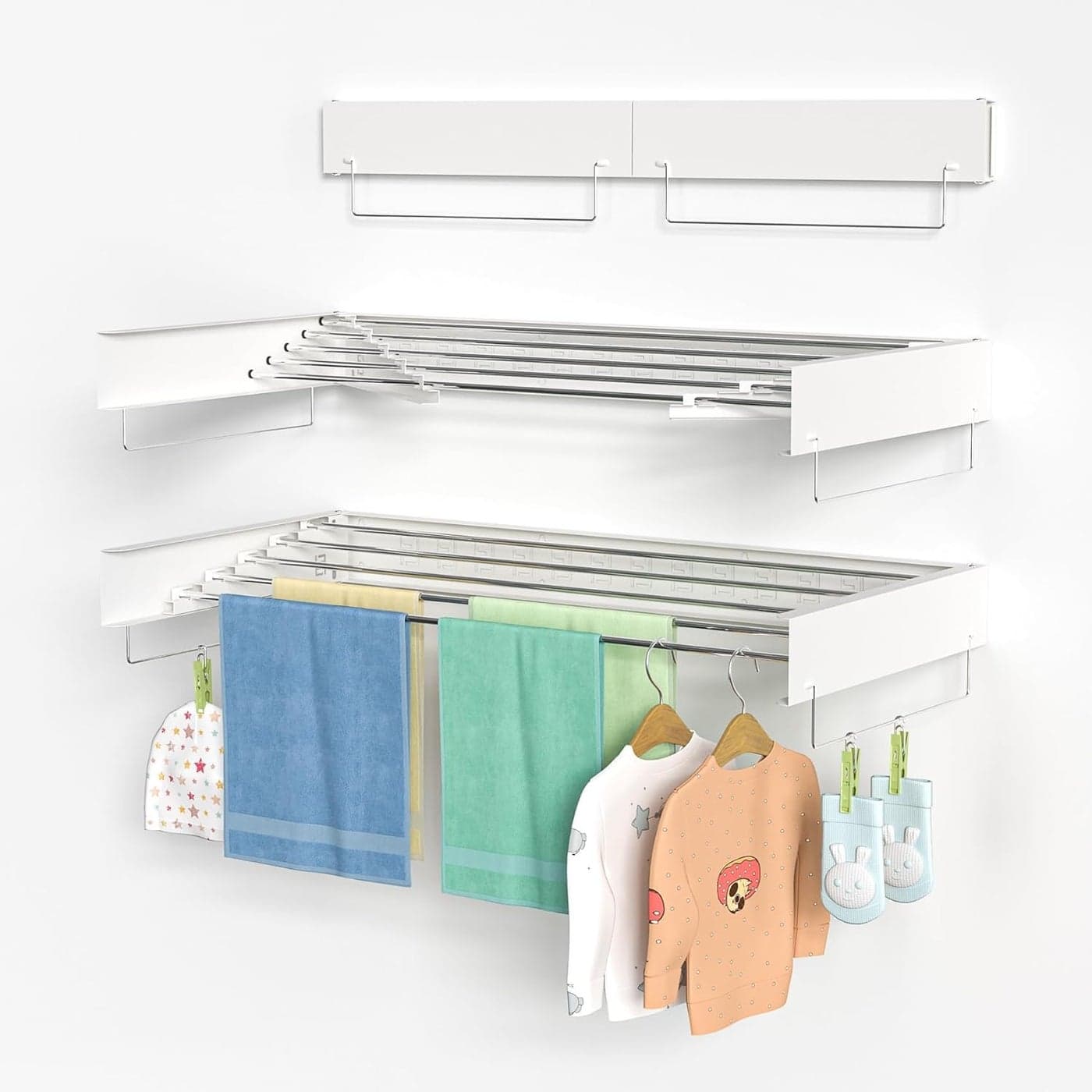 Zentuary Home Wall Mounted Clothes Airer 80cm Retractable Drying Rack with Towel Rails 3 Hangers 6 Pegs Plasterboard Wall Plugs Screws Included SpaceSaving IndoorOutdoor Laundry Dryer