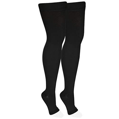 NuVein Medical Compression Stockings, 20-30 mmHg Support, Women & Men Thigh Length Hose, Open Toe, Black, 2X-Large