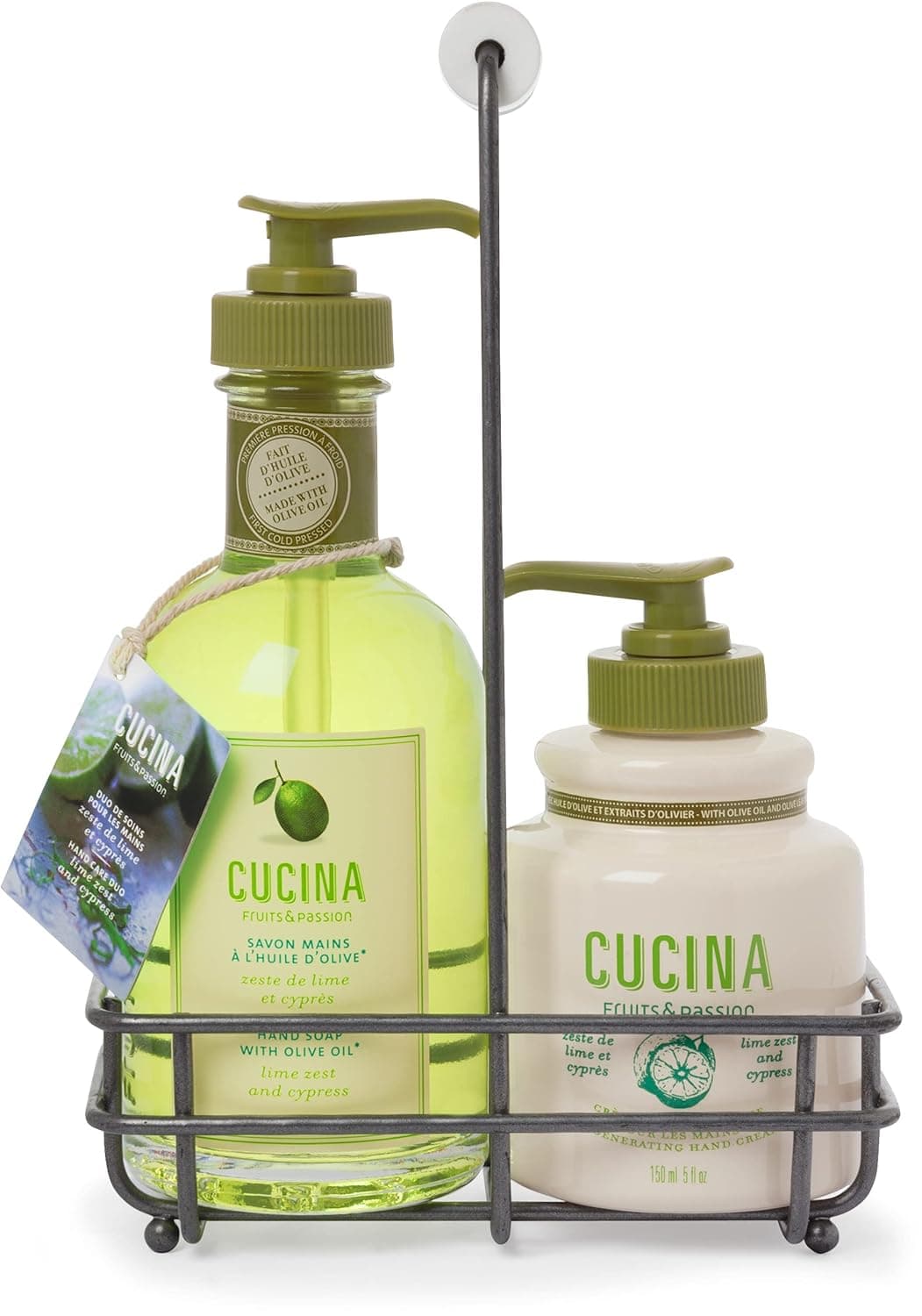 Fruits Passion Cucina Lime Zest Cypress Tree Hand Care Duo Caddy Gift Set Liquid Hand Soap Wash 51 oz with Hand Cream Lotion 68 oz