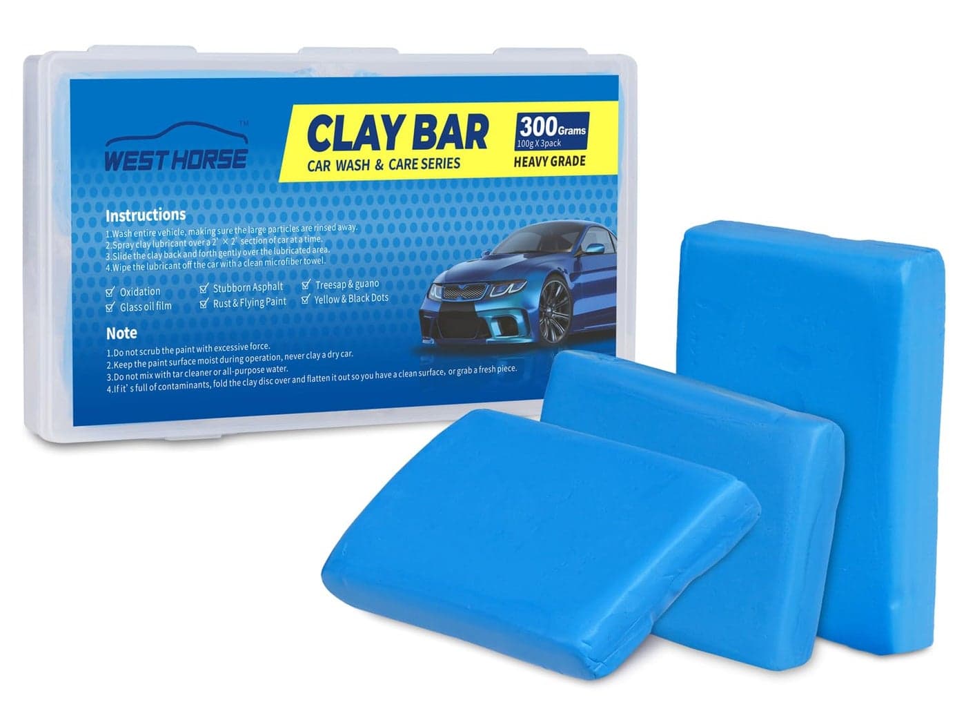 WEST HORSE Clay Bar for Auto Detailing 3 * 100g, Automotive Clay bar Kit for Cars’Paint Surface, Metal and Glass, Prep for Sealants, Waxes and Coatings (3x100g, Blue, Heavy)