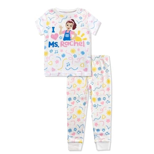 Ms. Rachel 2 Piece Pajama Set - Toddler Girls Boys PJ Set, Short Sleeve Shirt & Pants - Kids Sleepwear Set - Official License White