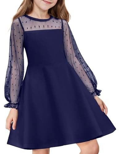 Flypigs Little Girl's Contrast Mesh Flounce Long Sleeve Navy Blue Back to School Formal Party Dress for 9-10 Years