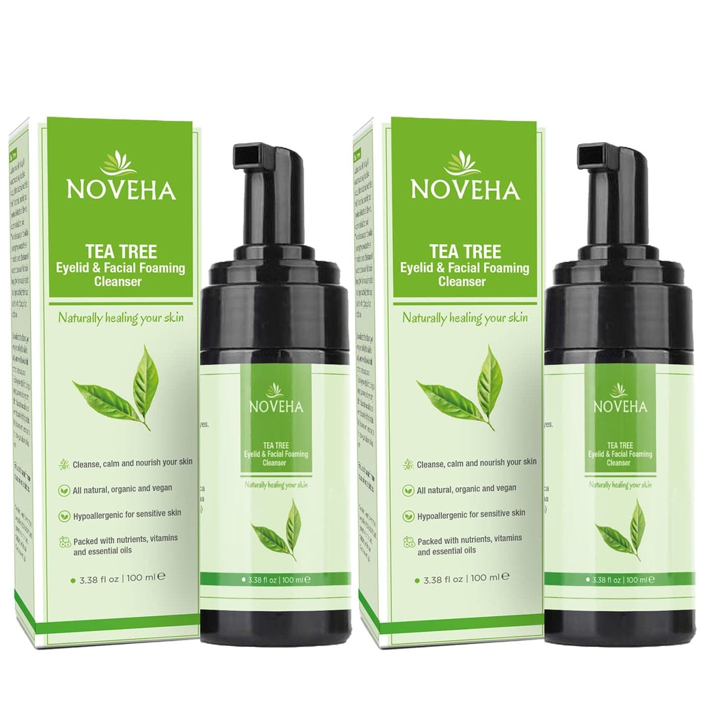NOVEHA Tea Tree Oil Foaming Cleanser Therapeutic Daily Skincare For For Eyelash lids MGD Stye Eyes Skin Dryness Moisturize with Organic Ingredients For All Skin Types 2 Pack