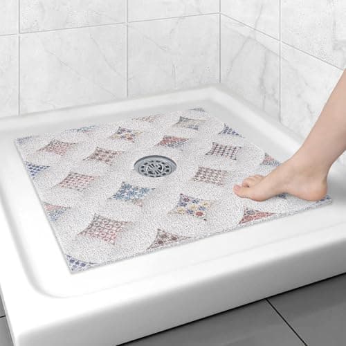 Square Shower Mat Non Slip 27x27 Inch Extra Large Shower Floor Mat with Drain Hole in Middle Soft PVC Loofah Bath Mat for Shower Anti Slip Shower Stall Mat for Elderly and Kids