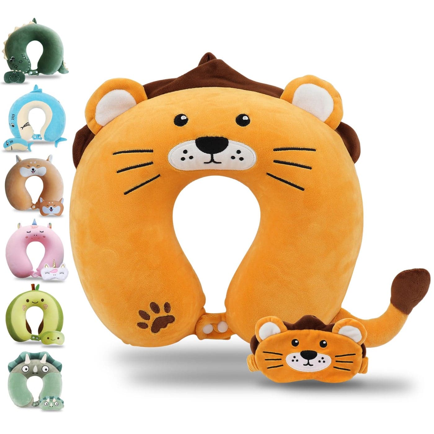 Sexysamba Cartoon Headrest Neck Pillow for Kids Boys Girls Teens Travel Accessories for Airplane Car Recline Memory Foam Cute Travel Pillow with Sleep Eye Mask Lion