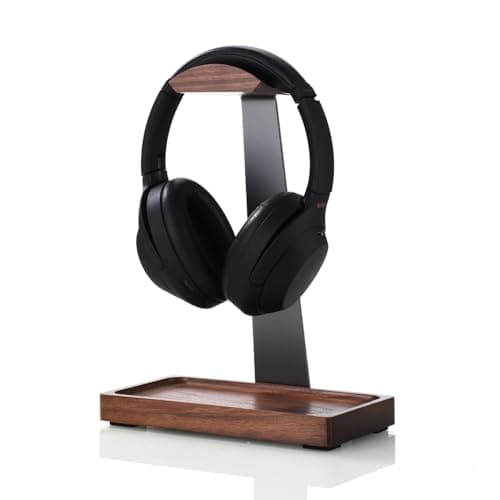 NIRVASH Walnut Headphone Stand, Wooden Headset Stand for Desk, Wood Gaming Headphone Holder with Storage Base for Airpod max, Bose, Razer, Sennheiser, Jabra, JBL, AKG, Vintage Gift for Men