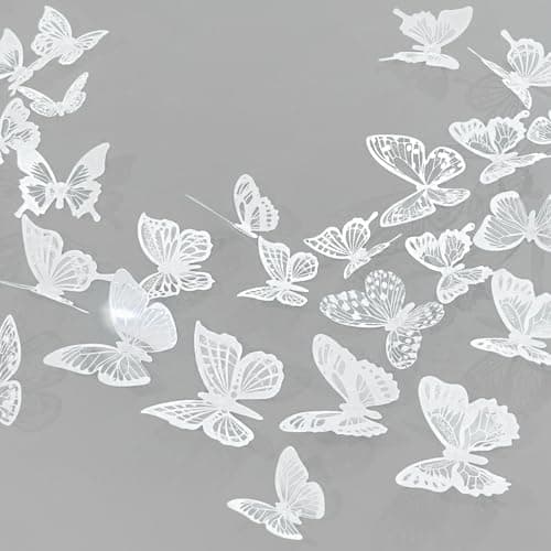 Ewong 3D Butterfly Wall Decor 72Pcs, 10 Styles Black White PVC Butterfly Theme Decoration Birthday Party Cake Wall Decal Removable Home Room Bedroom Bathroom Art Sticker Murals (White)