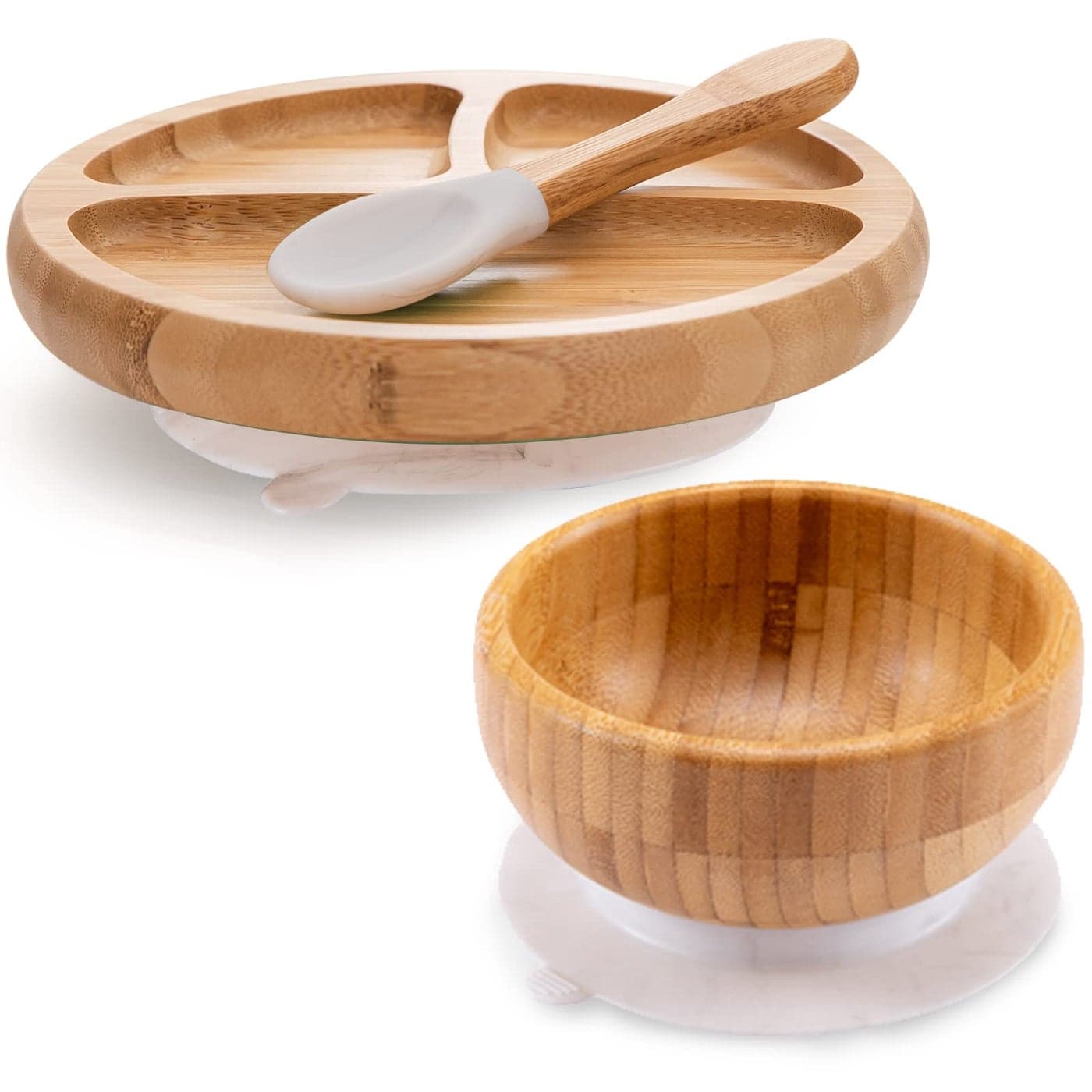 Baby Divided Bamboo Plates Bowls with Suction and Matching Spoon Set 3 Piece Feeding Supplies Set for Infant Toddlers Detachable Silicone Suction Stay Put Base for Wooden Bowl Plate
