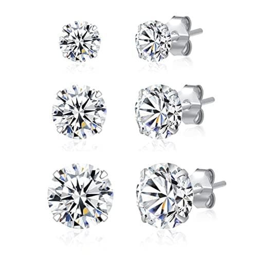 3 Pairs 925 Sterling Silver Cubic Zirconia Stud Earrings 3mm-5mm-7mm Set Men Women
