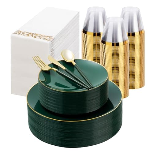350 Pieces Green Gold Plastic Dinnerware Set, Gold Disposable Plates for Party, Include 100 Green Plates with 150 Plastic Cutlery, 50 Napkins and 50 Cups
