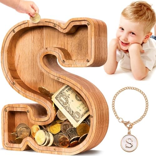 SummiDate Wooden Letter Piggy Bank for Kids Piggy Bank for Boys Girls Toddler Alphabet S Money Bank Personalized Initial Wood Coin Bank Birthday for Kids S