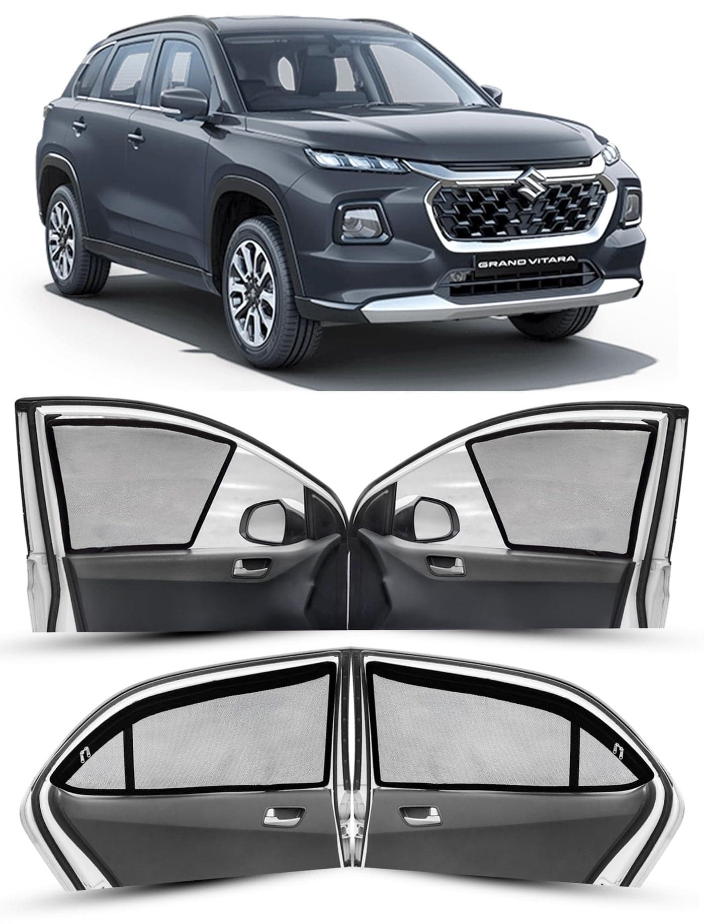 Autofact Magnetic Car Sunshades Compatible with Maruti Grand Vitara (Set of 4) – Easy Installation, UV Protection, Keeps Car Cool (Front 2 Half-Cut for Side Mirror Visibility, Rear 2 with Zippers)