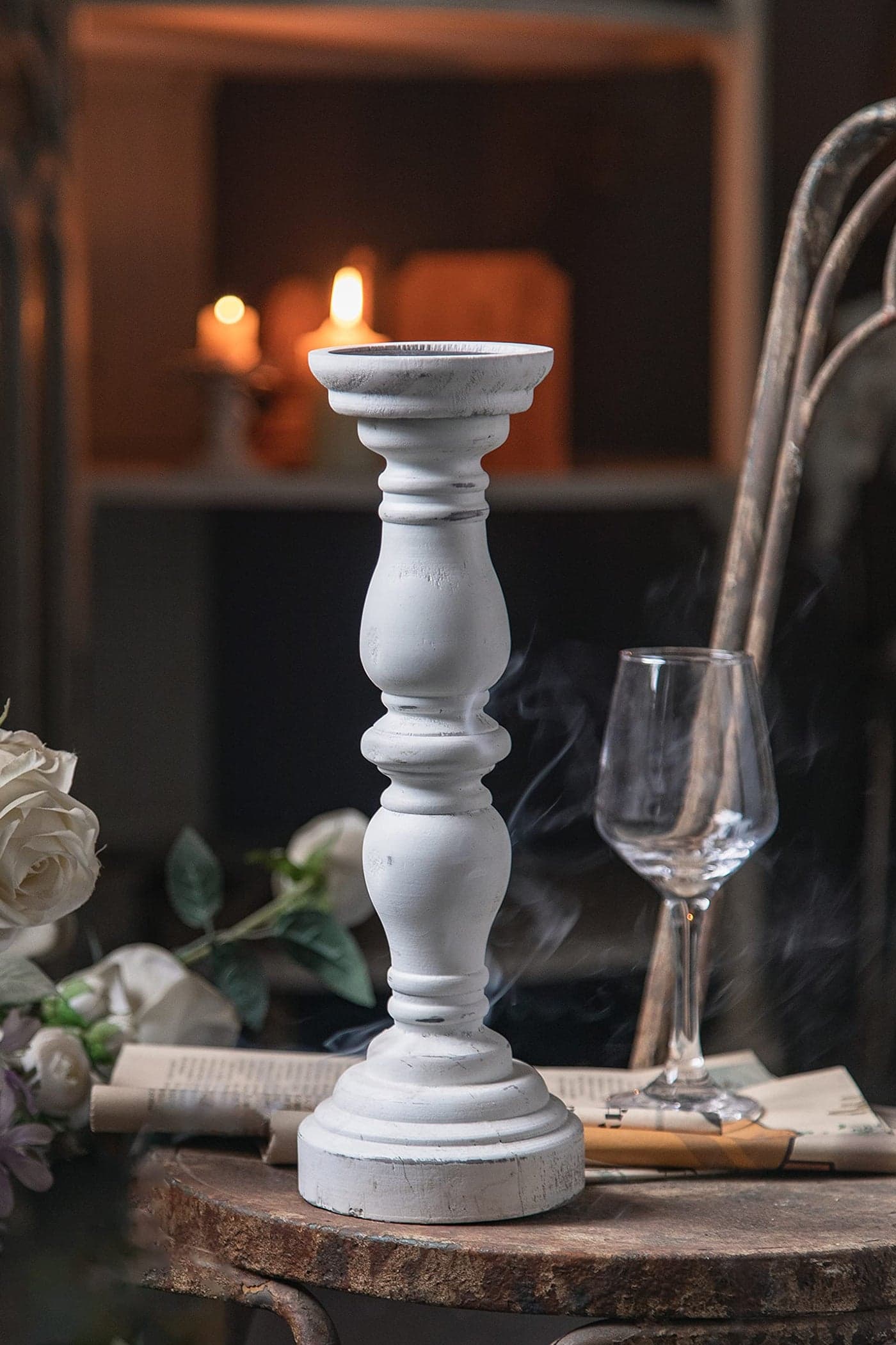 Farmhouse Rustic Candle Holder for Pillar Candle Vintage White Wooden Pillar Candle Holder Antique Candlestick Holder for Dining Table Coffee Table Or Any Table Top 1Piece 47 x 47 x 136
