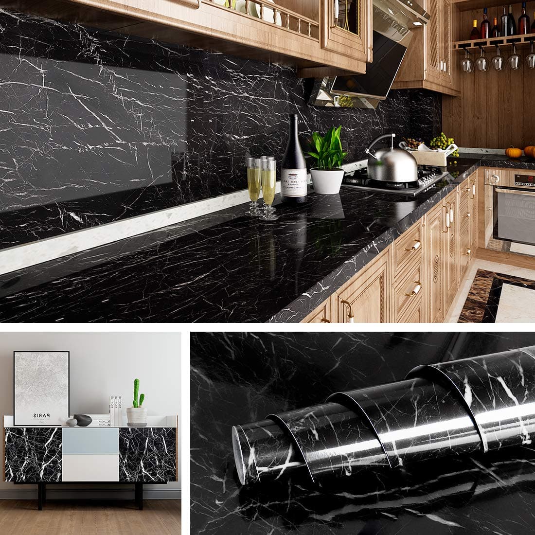 Livelynine 158x197 Black Marble Contact Paper Peel and Stick Countertops Waterproof OilProof Self Adhesive Marble Wallpaper for Bathroom Counter Adhesive Backsplash for Kitchen Counters Removable