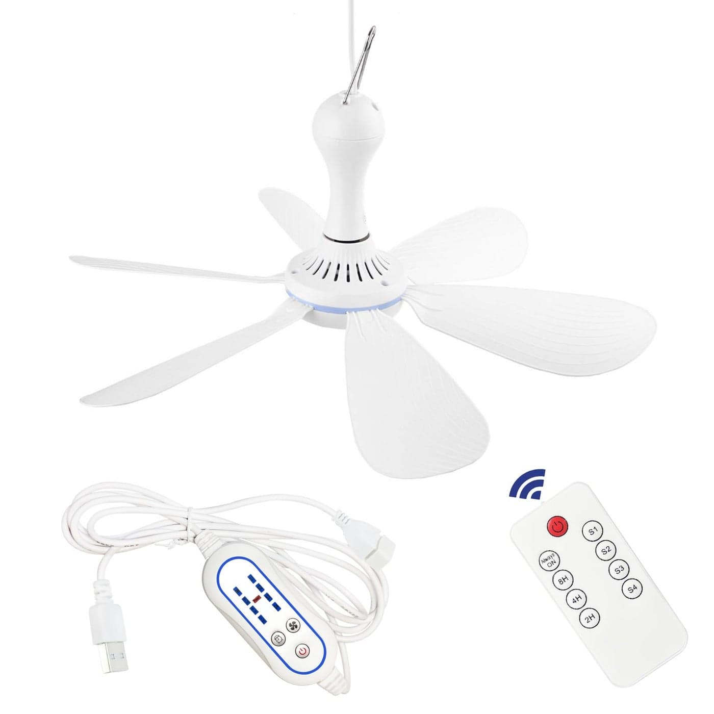 SCOOYEEES Silent USB Powered Ceiling Fan with Remote Control Timing 4 Speed Quiet Small DC Plug in Ceiling Fan Hanging Fan for Camping Bed RV Tent Canopy Room