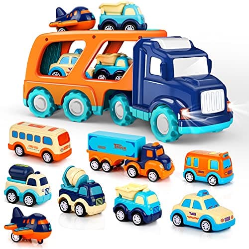 9 Pack Cars Toys for 2 3 4 5 Years Old Toddlers Boys and Girls Gift Big Transport Truck with 8 Small Cute Pull Back Trucks Colorful Assorted Vehicles Playset Carrier Truck with Sound and Light