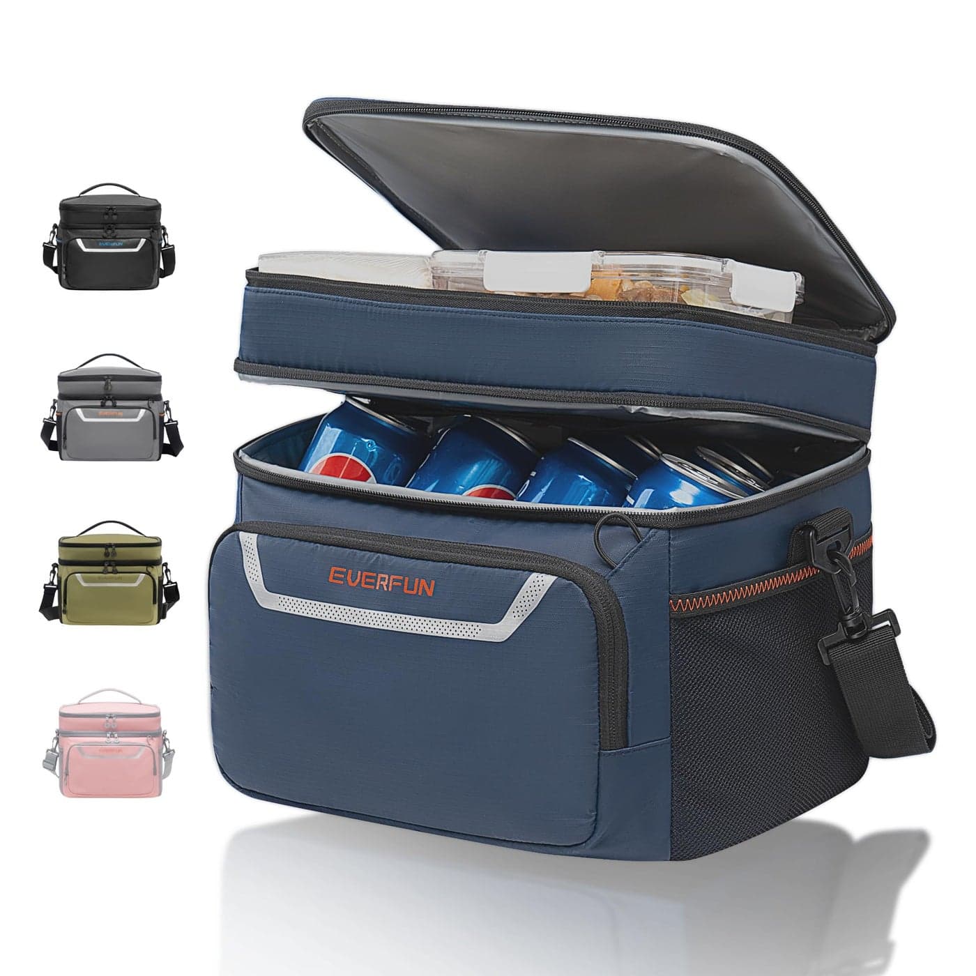 EVERFUN Small Lunch Box Insulated Cooler Bag Mini Cooler 24 Can Soft Sided Lunch Bag for Men Women Ice Chest Double Deck Portable Personal Collapsible Waterproof LeakProof for Work Travel Car Navy