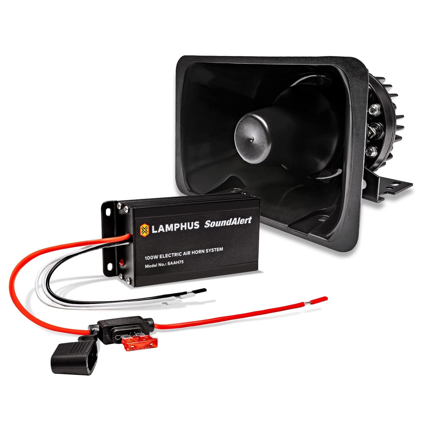 SoundAlert 100W Police Air Horn Amplifier Kit 120130 dB Bullhorn Speaker Manual Control or Stock Horn Bybass 10 A Fuse Protected Electronic Air Horn for Emergency Vehicles Trucks Cars
