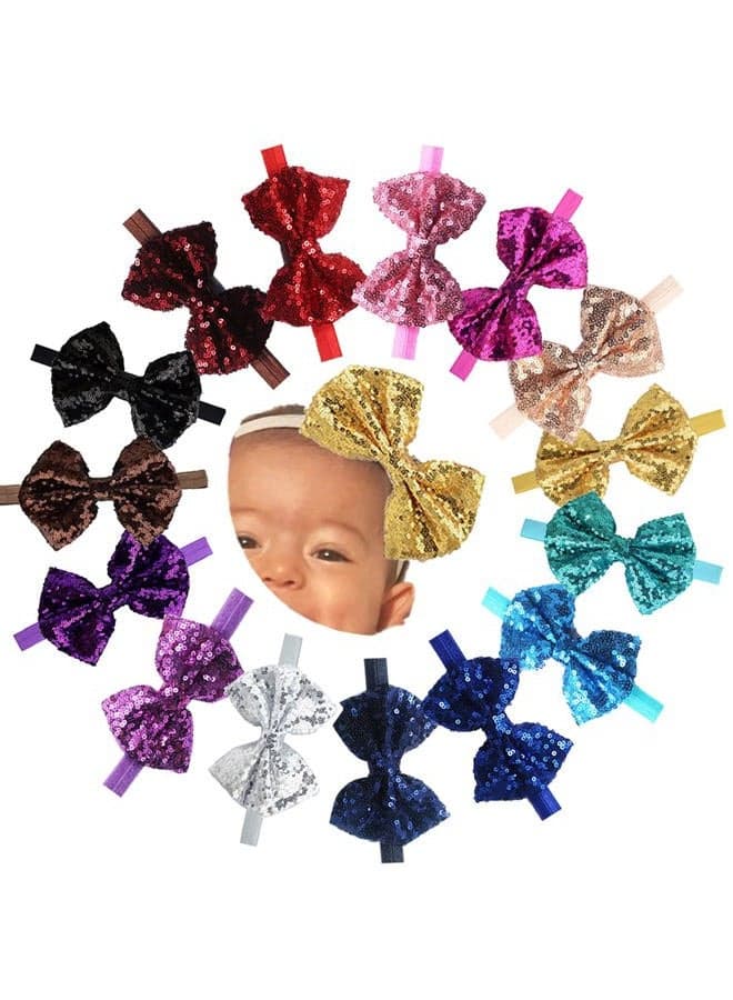 15Pcs Baby Girls Headbands 4'' Big Boutique Bling Sparkly Glitter Sequin Hair Bows Headband Elastic Hair Bands Hair Accessories for Toddlers Infants Newborns