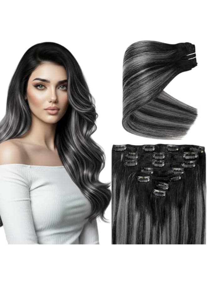 Ve Sunny Clip in Hair Extensions Real Human Hair Ombre Black to Silver Grey Balayage Hair Extensions Clip in Real Human Hair Soft Straight 14 Inch 105g 7pcs
