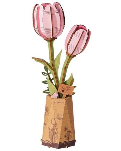rowood Wooden Flower3D Puzzles for AdultsArtifical Flower Botanical Collection Building KitMothers DayValentines Day Pink Tulip
