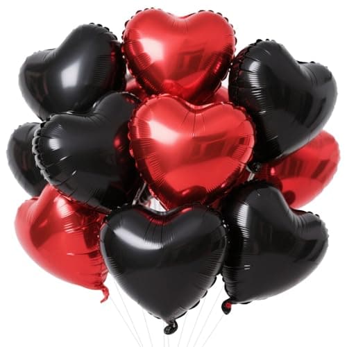 18 Inch Black Red Heart Balloons 12 Pcs Heart Foil Mylar Balloons Black Red Birthday Decoration Love Balloons Valentine Balloons for Birthday Party Wedding Baby Shower Valentines Day Decorations