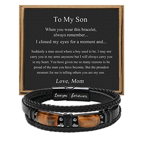 JoycuFF To My Son Gifts Bracelet from Mom, Christmas Stocking Stuffers Birthday Valentines Fathers Day Birthday Ideas Gifts for Son Teens Leather Bracelets for Men Letter Love You Forever