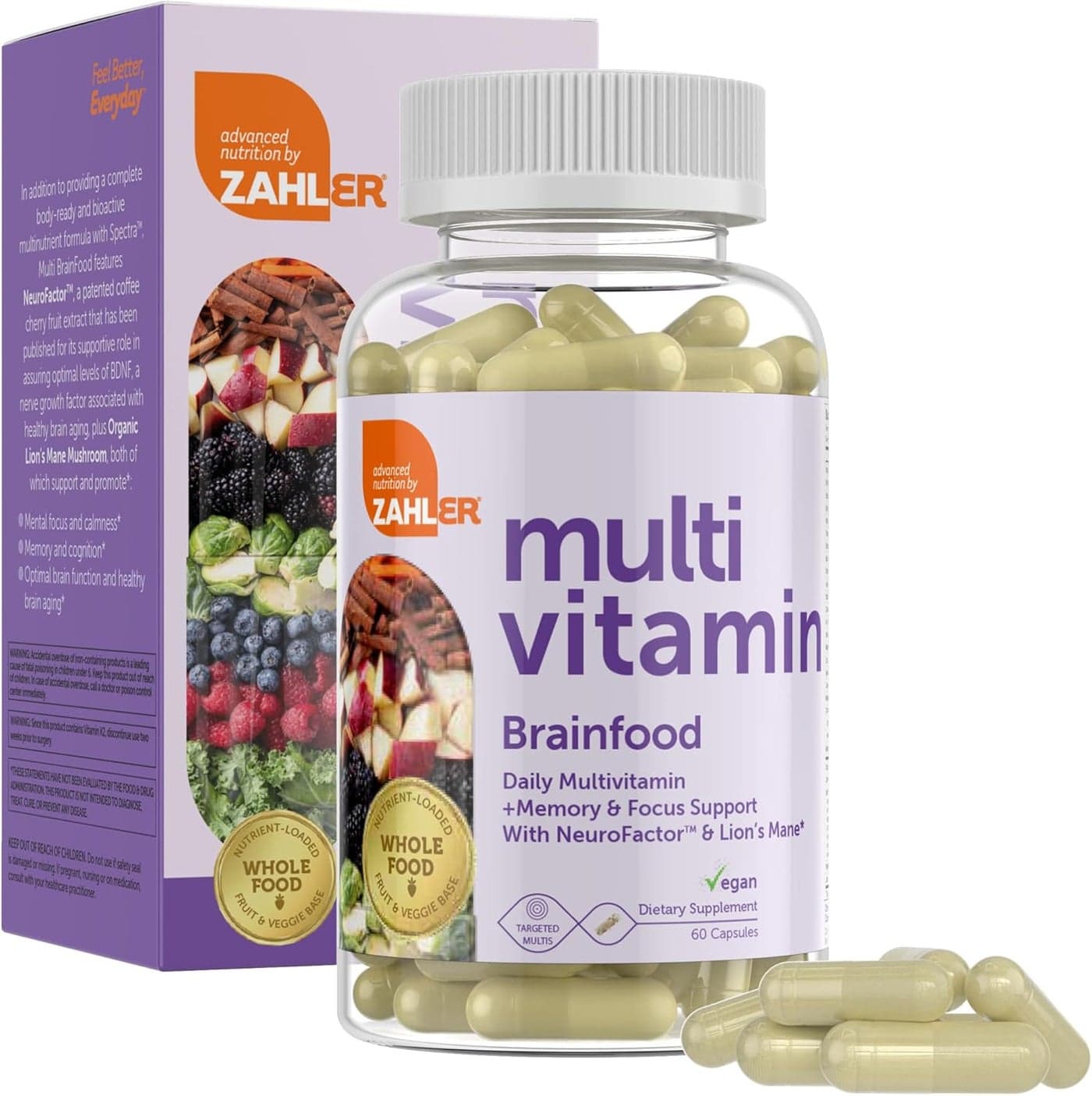 Zahler Multivitamin Brain Supplement 60 Count Kosher Brainfood Capsules for Adults with Neuro Factor Lions Mane Nootropic Brain Supplements for Memory Support Focus Mental Energy Boost