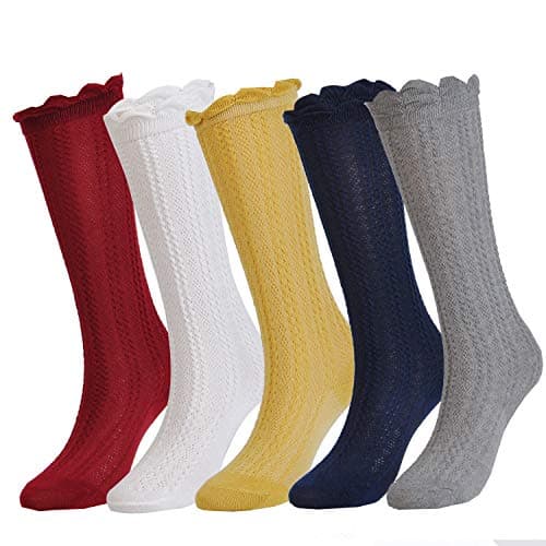 EPEIUS 5 Pairs Little Girls Cotton Uniform Knee High Socks Kids Boys Tube Ruffled Stockings for 2-3 Years,White/Grey/Navy/Yellow/Wine Red