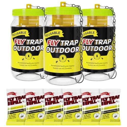 Reusable Fly Traps Outdoor Bottles, 3 Pack Fly Killer Catcher Jar with 6 Natural Magnet Bait Refills Lure, Flies Bug Insect Trap Control Outdoor Hanging for Outside Barns, Stable, Patio