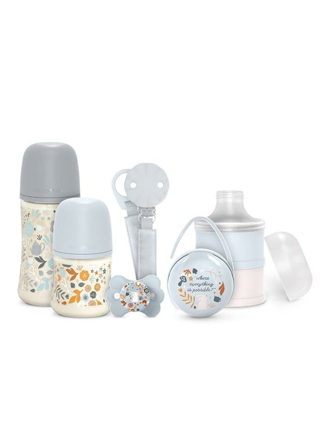 Welcome Baby Feeding Gift Set Of 5 For New Born Baby, Feeding Bottles, Pacifier, Pacifier Holder & Powdered Milk Dispenser-Blue