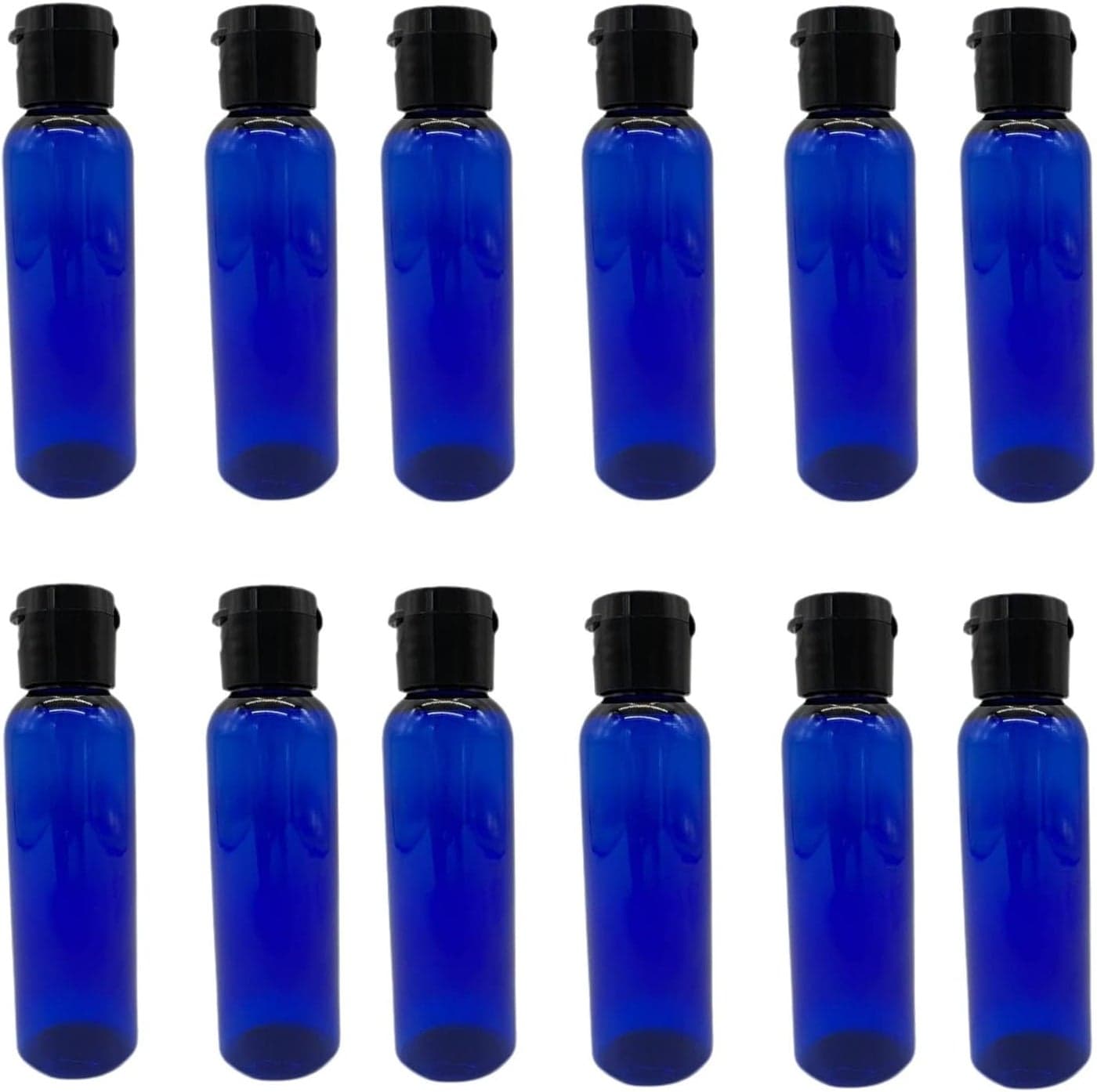 Natural Farms 2 oz Blue Cosmo Plastic Bottles -12 Pack Empty Bottle Refillable - BPA Free - Essential Oils - Aromatherapy | Black Flip Top Snap Cap - Made in the USA