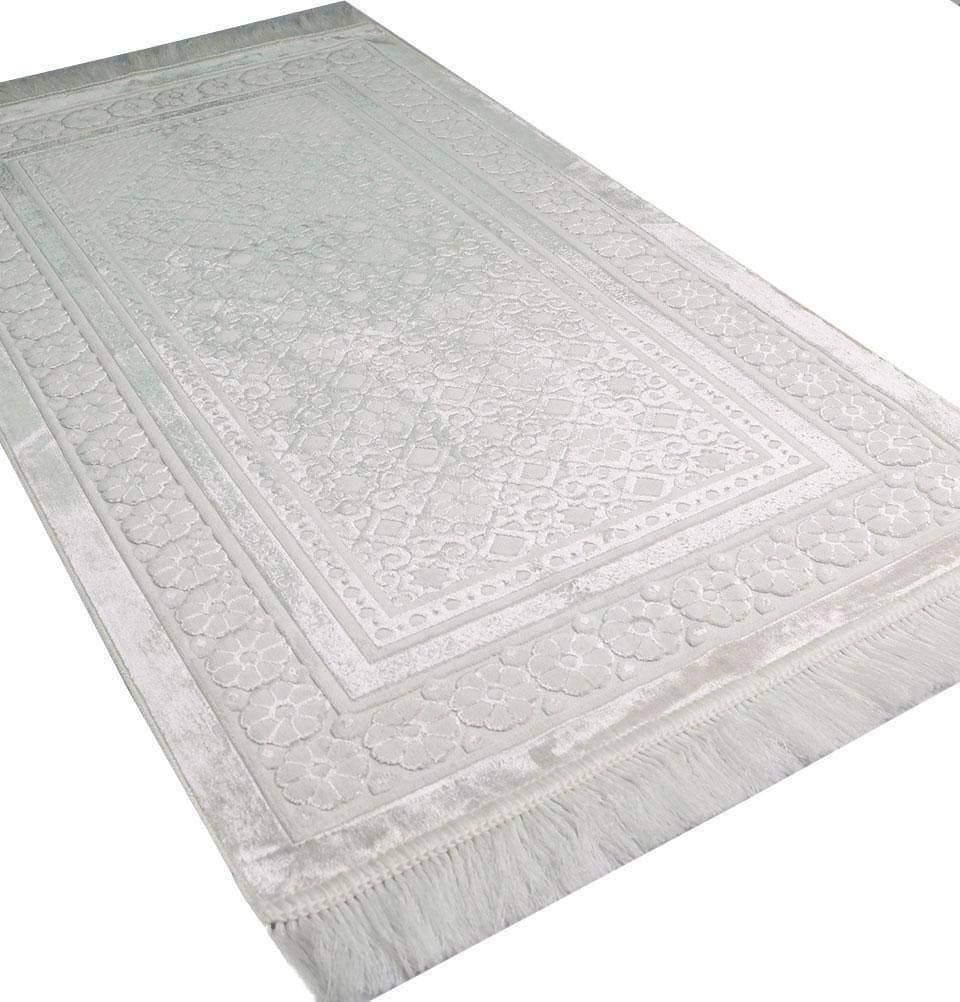 Modefa Velvet Prayer Rug Soft Plush Turkish Janamaz Sajada Carpet for Men and Women Plain Solid Prayer Mat Ramadan Eid Gift with Prayer Beads Luxury Floral Stamp White