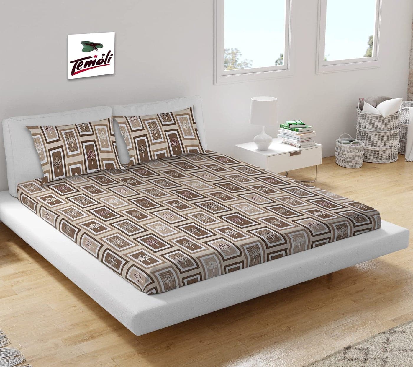 Temoli® Premium Cotton Elastic Fitted Bedsheet King Size 72X78X8 Inch with 2 King Size Pillow Covers 18x28 Inch (Box-Beige)