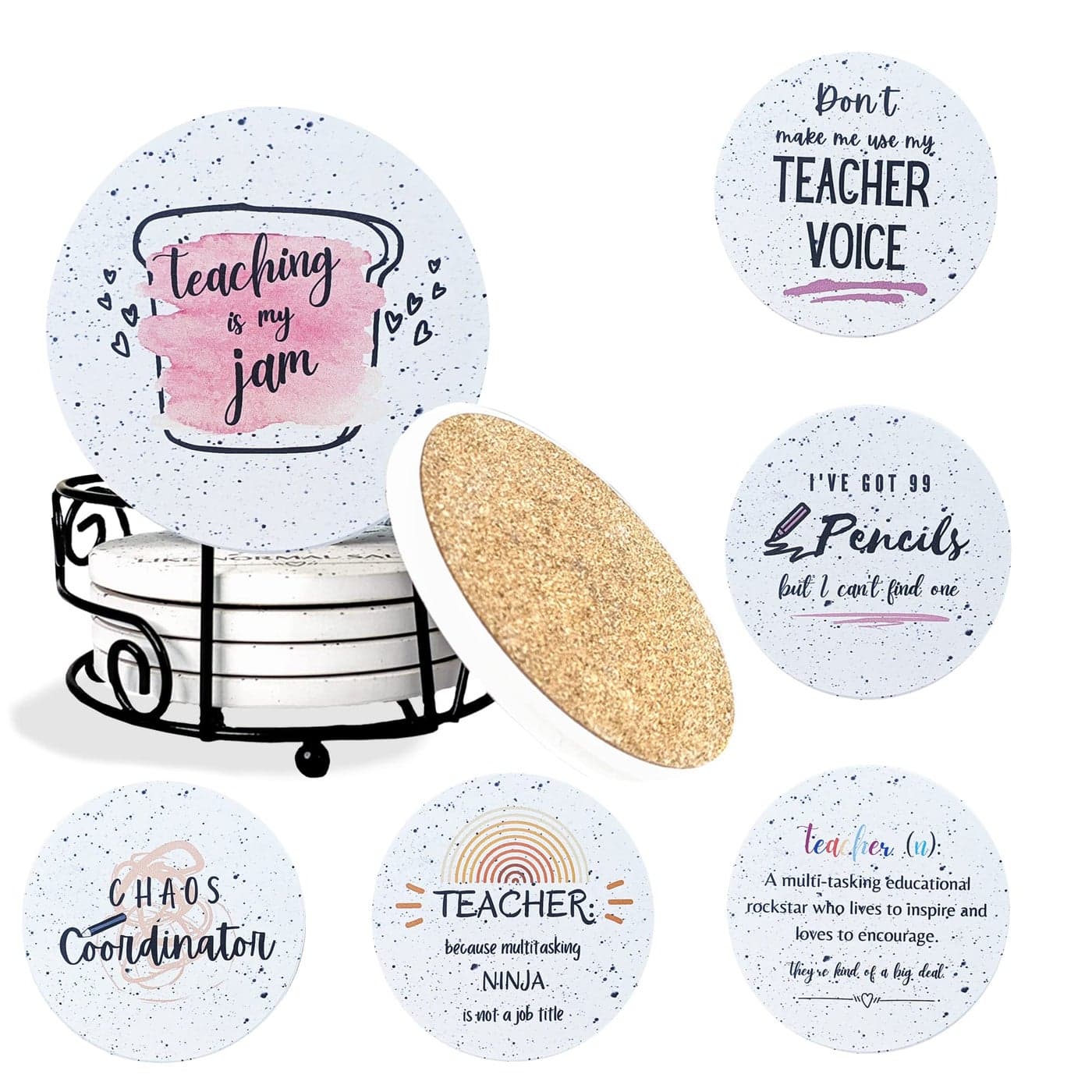 KCT Store Best Teacher Gifts for Women Teacher Appreciation Gifts Absorbent Ceramic Coasters 6pc Metal Holder Cylinder Kraft Gift Box Included Funny