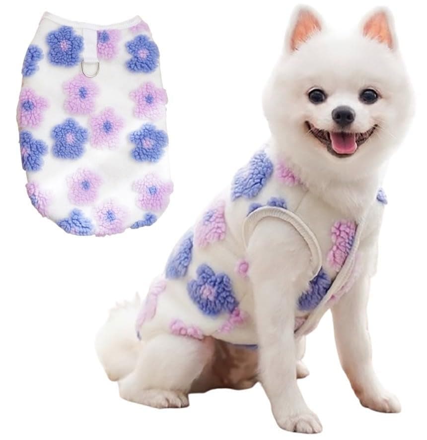 KUTKUT Winter Small Dog Cat Floral Sleeveless Vest Soft Warm Coral Fleece Double Layer Cozy Soft Button Open Sweater Small Doggie Outfit for Maltese, ToyPoodle, Toypom (Size:M, Chest:40cm)